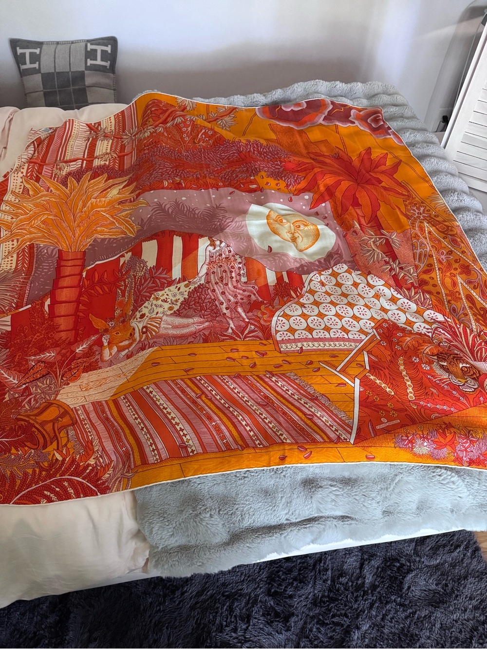Hermes silk and cashmere 140 Shaw with Botanical Scene - Red, Orange, Purple